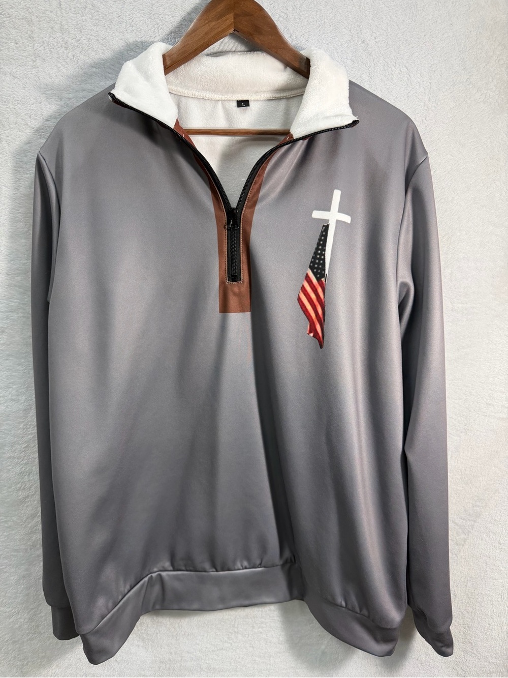 Men's Gray Quarter-Zip Pullover with Cross & Flag & Elbow and Sleeve Details